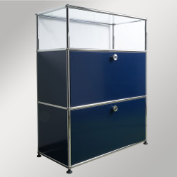 Sideboard mit zwei Fächern und Glasaufsatz, Stahlblau