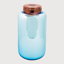 Glas-Deckelvase "Container" Blau/Rot